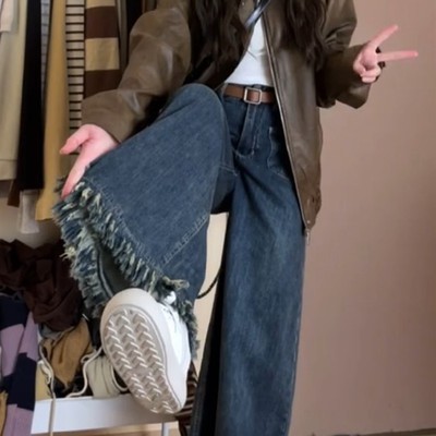 毛边a版阔腿牛仔裤女梨型身材显瘦裤子大码胖mm流苏大裤腿直筒裤