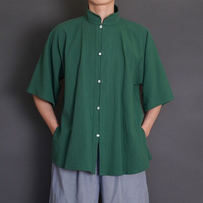 青山渐明制立领对襟半臂短衫立领衫夏季日常汉服纯棉素色国风短袖