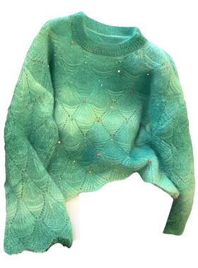 渐变绿色烫钻喇叭袖毛衣女秋冬软糯风马海毛针织衫慵懒高级感毛衫
