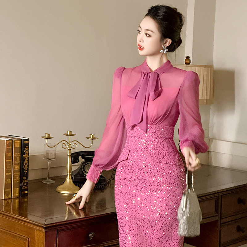 2025新款女装法式蝴蝶结雪纺拼接收腰包臀亮片假两件连衣裙50779