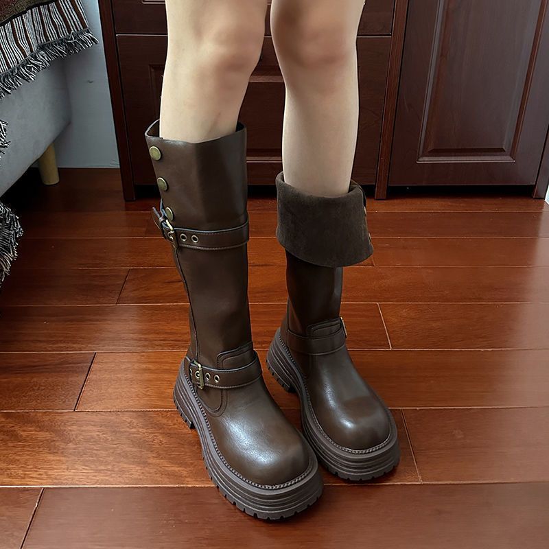 厚底百搭增高显瘦翻领骑士靴子女2025秋新款时尚爆款不过膝长筒靴