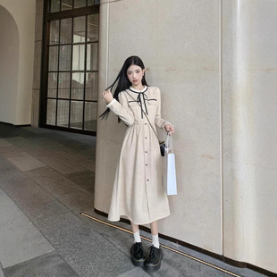 小香风连衣裙女秋冬2024新款名媛气质收腰显瘦中长款系带长袖裙子