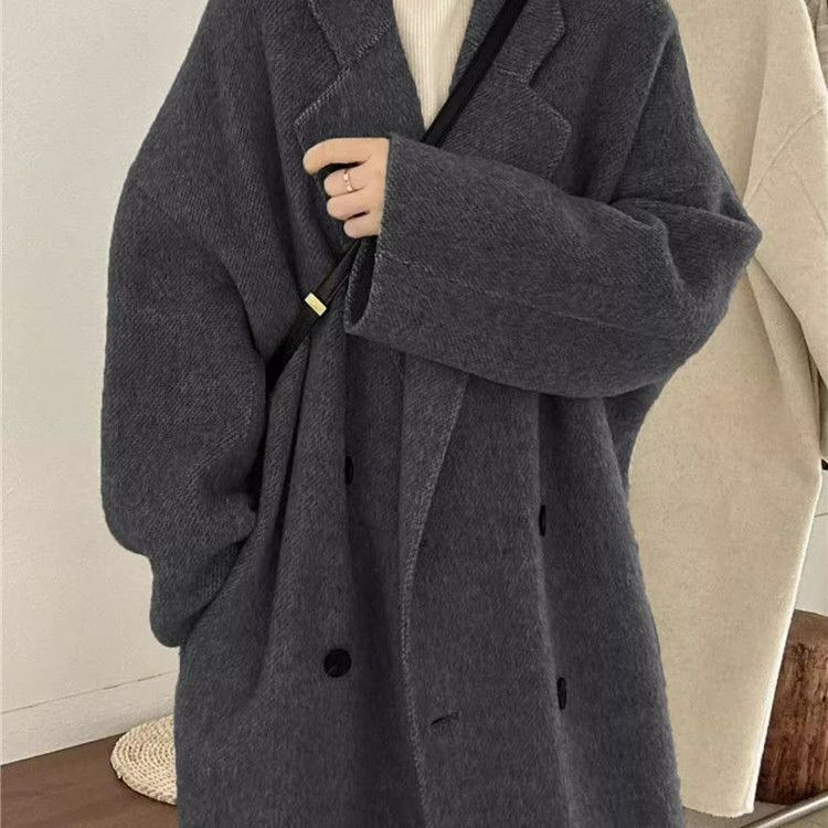 深灰色慵懒宽松感毛呢大衣女秋冬新款小个过膝中长款呢子外套