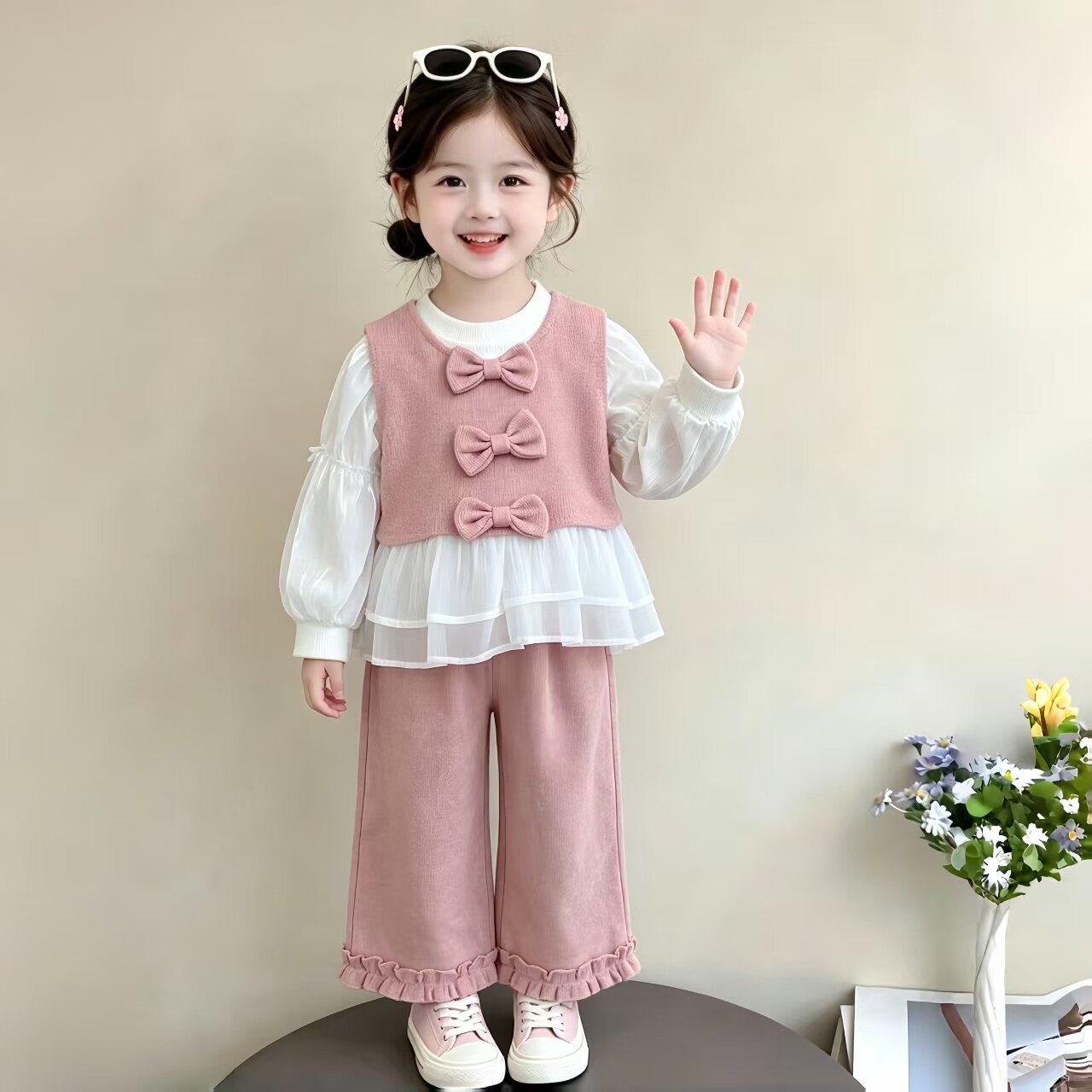 女童春秋套装儿童时尚洋气公主三件套女宝宝甜美粉色网红外出服