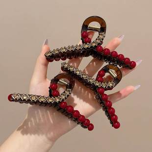 红色闪钻抓夹女大号发量多发夹高级感后脑勺盘发鲨鱼夹子头饰发卡