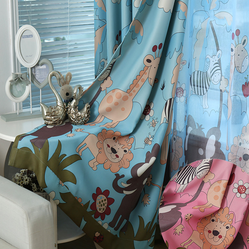 卡通动物儿童房窗帘短飘窗纱女孩男孩卧室成品定制全遮光布料