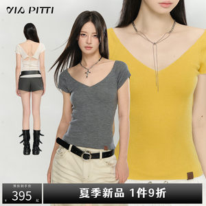 VIAPITTI简约基础款后背绑带百搭针织短袖T恤女夏季V领绵羊毛上衣