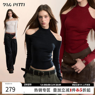 VIAPITTI设计感正反两穿小高领露肩毛织打底T恤女装秋冬修身上衣