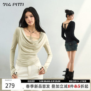 VIAPITTI设计感荡领网纱玫瑰正反两穿长袖T恤女装春修身辣妹上衣