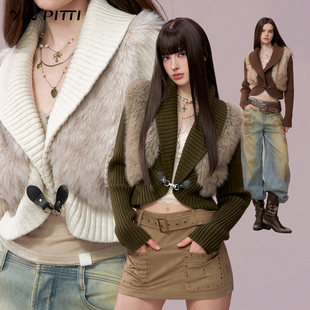 VIAPITTI设计感重工毛毛拼接厚款针织短外套女装秋冬长袖拼接上衣