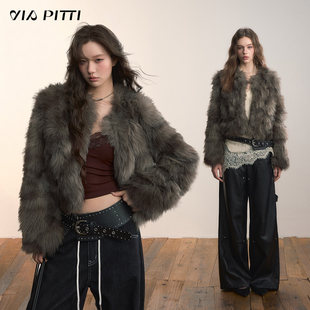 VIAPITTI设计感重工短款pu皮衣环保皮草女装秋冬街头风外套上衣