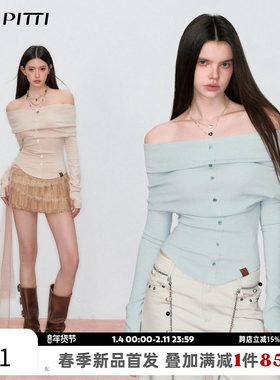 VIAPITTI设计感一字肩长袖针织衫T恤女装春季修身百搭辣妹上衣