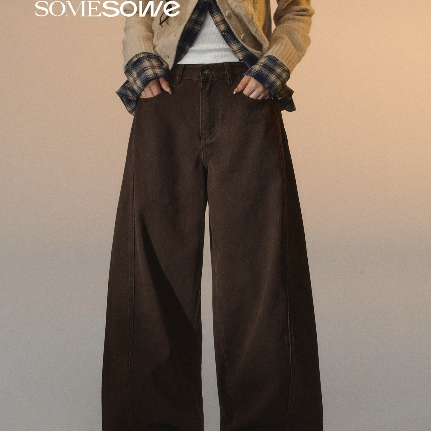 SOMESOWE立体分割阔腿弯刀牛仔裤