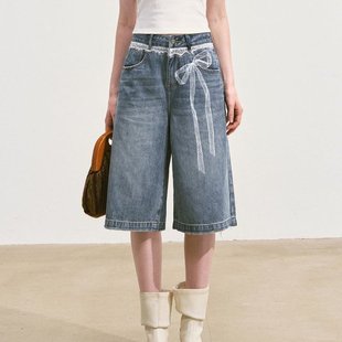 SOMESOWE 官方授权 仿蕾丝印花阔腿牛仔中裤女设计感甜美减龄裤子