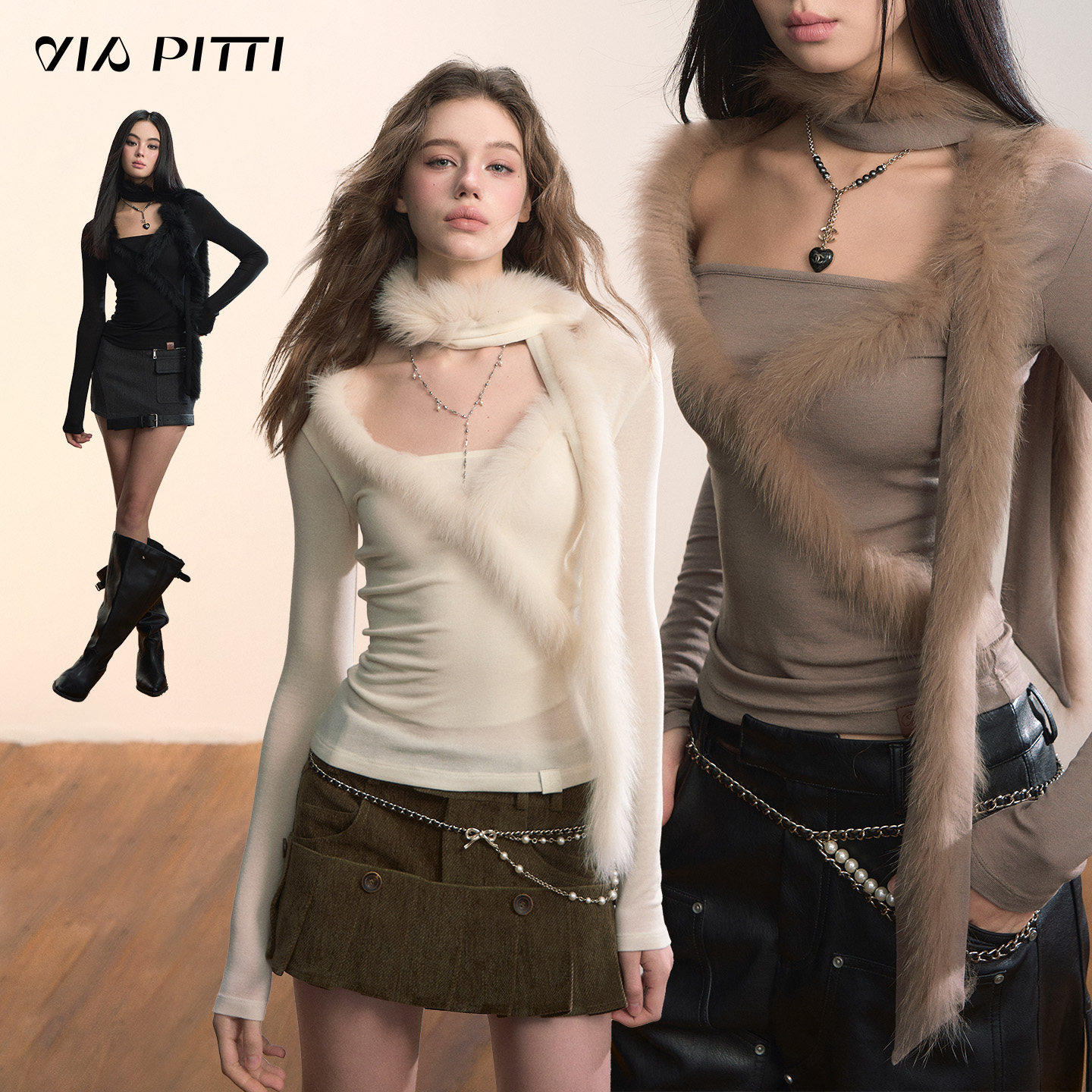 VIAPITTI设计感拼接真狐狸毛修身针织衫女装秋冬毛毛围巾两件套