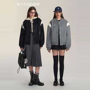 姜珮瑶同款SOMESOWE皮革拼接毛呢棒球服外套女2024秋新款美式上衣