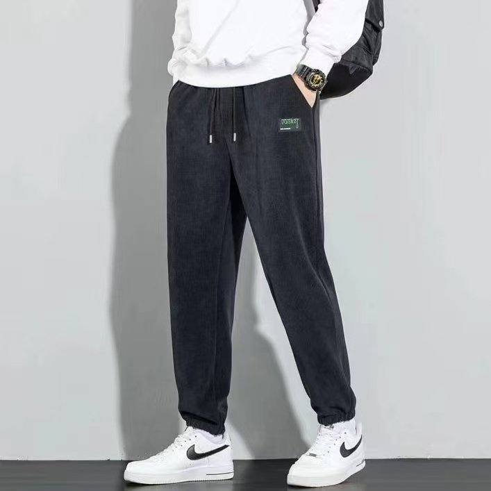 博奥绒蓝灰色休闲裤秋冬季新款加绒加厚卫裤宽松青少年束脚裤子男