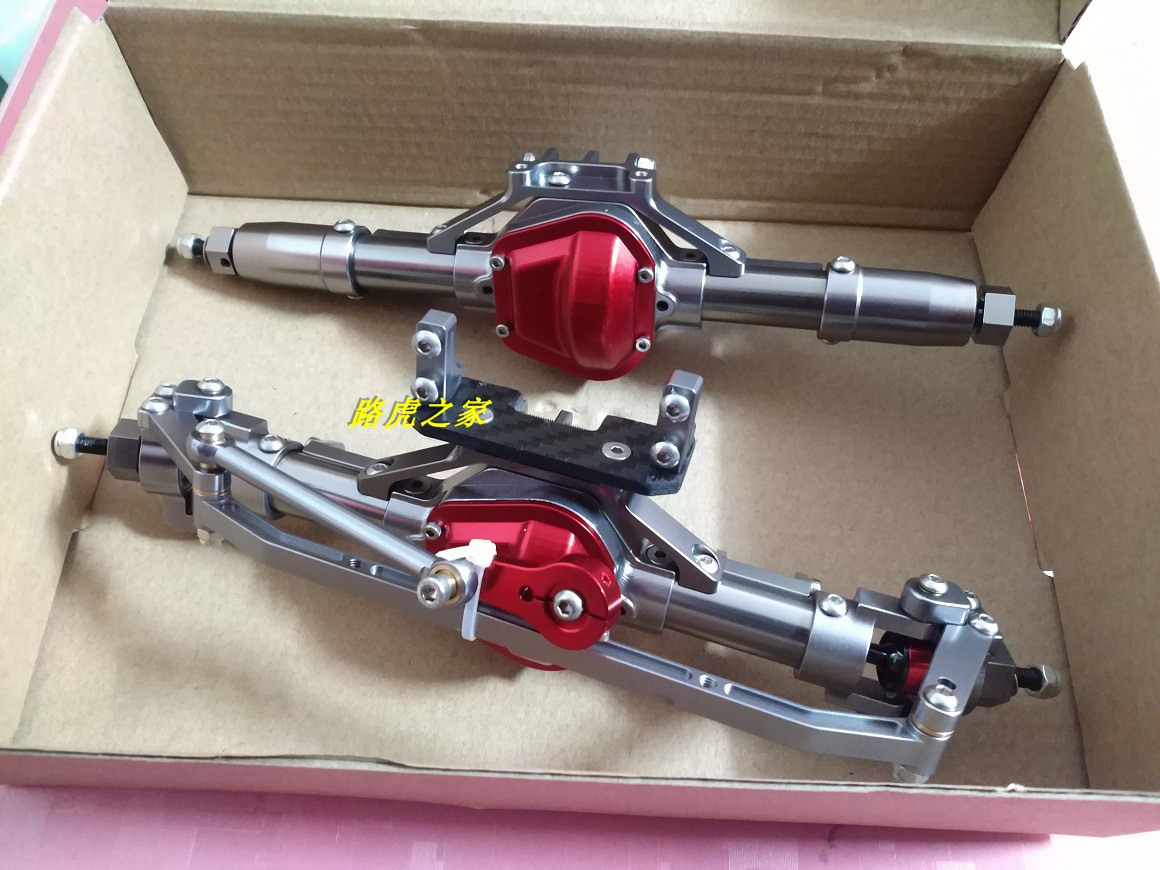 AXIAL SXC-10攀爬车前后桥总成，采用高精密度CNC机器生产，外表光滑精美，数据要求高，无虚位。传动轴采用高强度45#钢制作完成，耐性更强。颜色可拼装，可批发！车桥总长213，CVD,和后轴都是加粗加硬的不绣钢 欢迎订购咨询！