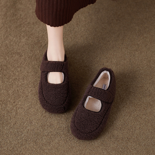 真皮毛呢玛丽珍毛毛鞋女2025秋冬季新款百搭魔术贴加绒保暖懒人鞋