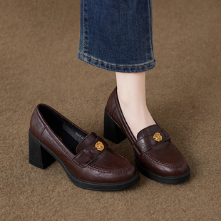 羊皮版~英伦风乐福鞋女2026年新款百搭粗跟一脚蹬单鞋高跟小皮鞋