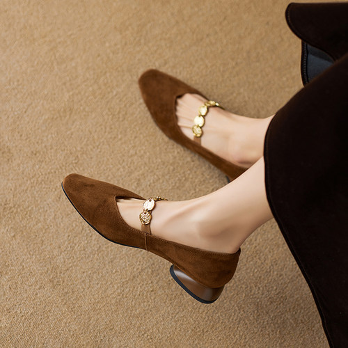 法式方头金币链玛丽珍鞋女