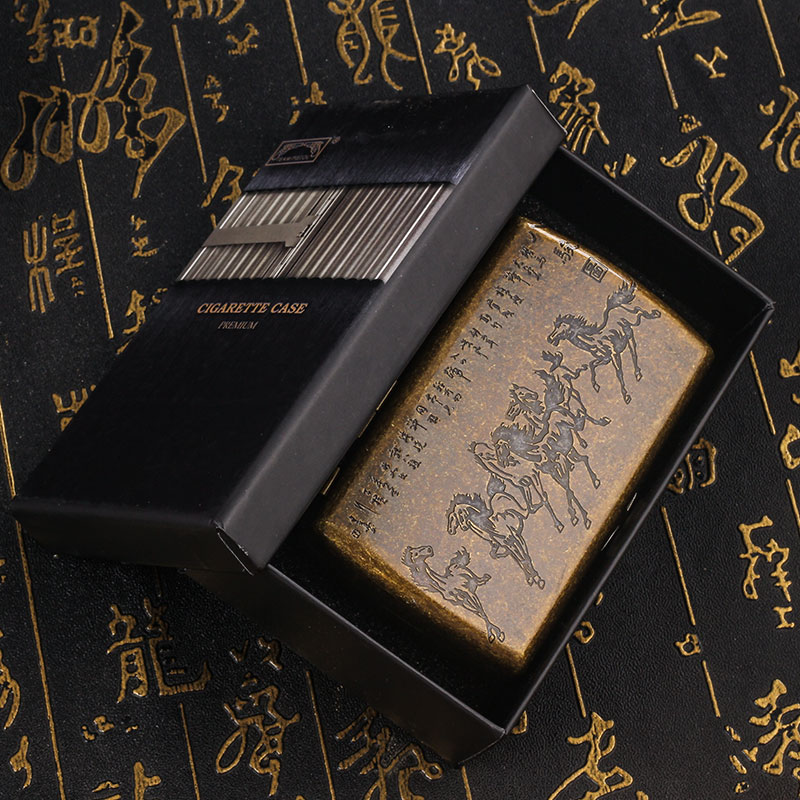 双枪八骏图铜制粗烟烟盒
