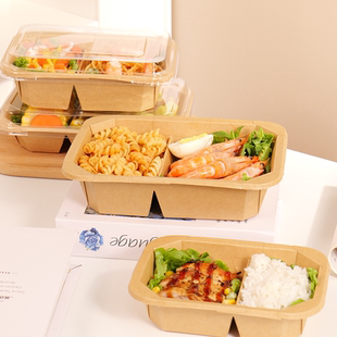 一次性牛皮纸双格打包盒果切盒甜品轻食沙拉纸碗长方形分格外卖盒