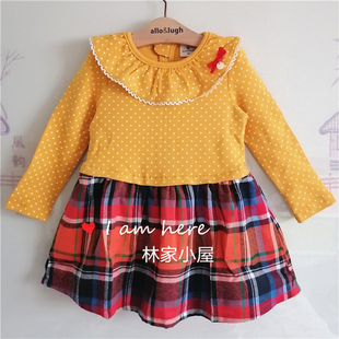 韩版alfonso儿童装女童宝宝春秋款黄色格子拼接连衣裙公主裙子