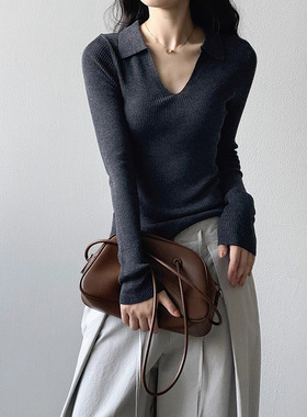 妖猪 高JI感灰色V领针织衫薄款修身套头长袖打底衫上衣