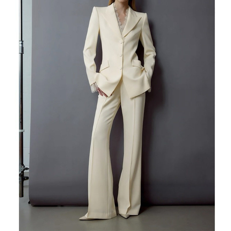 妖猪 2025新款纯色 睫毛蕾丝收腰西装 立骨线喇叭裤套装