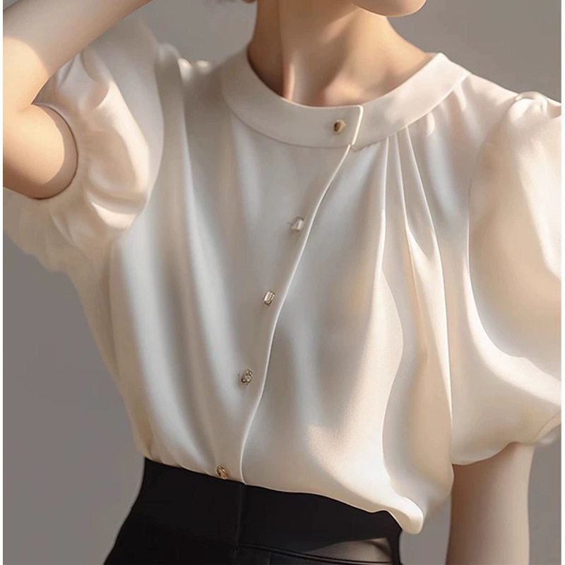妖猪泡泡袖雪纺衫女2025设计感衬衣通勤显瘦白色圆领上衣