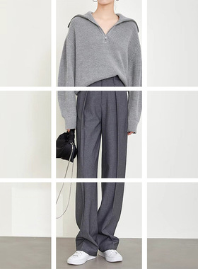 妖猪 高JI灰色西装裤老钱风裤子显瘦阔腿裤休闲直筒裤女