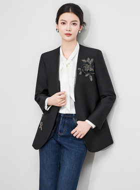 妖猪轻奢超重工手工钉珠立体花光泽感西装西服外套V领女装新