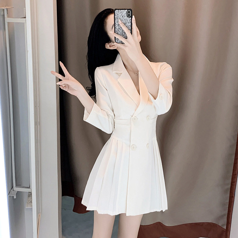 妖猪现货 白色西装裙小个子春秋新款女名媛气质连衣裙减龄女