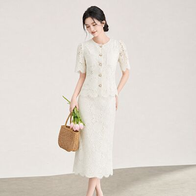 妖猪浮光花影蕾丝短袖女气质上衣+包臀A字半身裙套装夏季新款