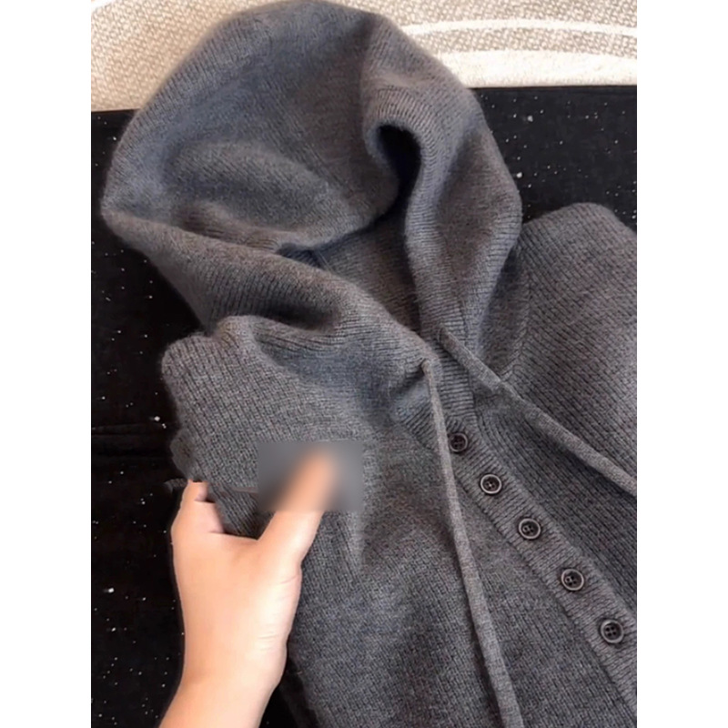 妖猪连帽通勤灰色套头针织衫佰搭