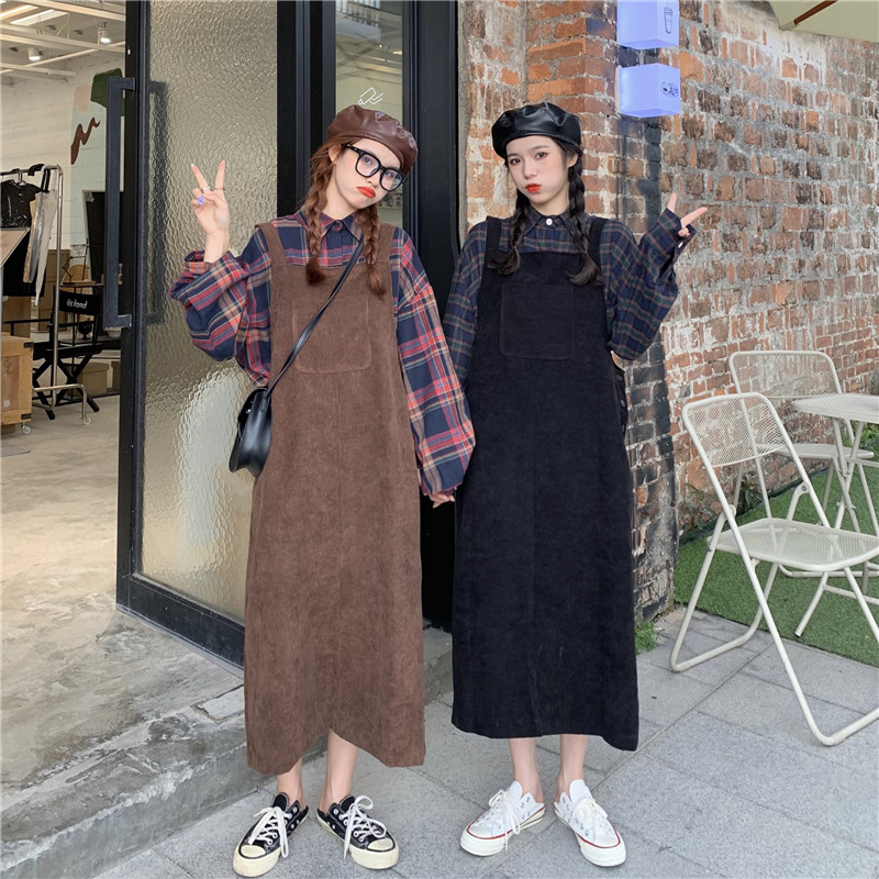 Korean autumn foreign style back dress + Plaid Shirt