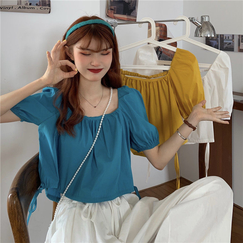 Real price 2020 new summer square neck bubble sleeve drawstring short sleeve top