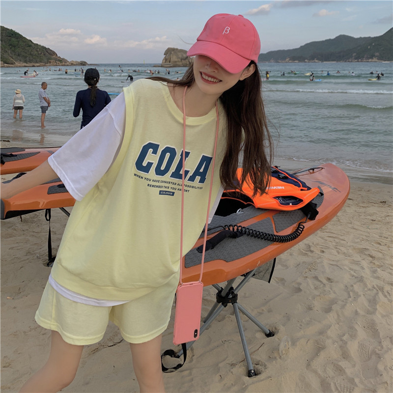 Real price new Korean letter loose two short sleeve T-shirts + high waist casual shorts