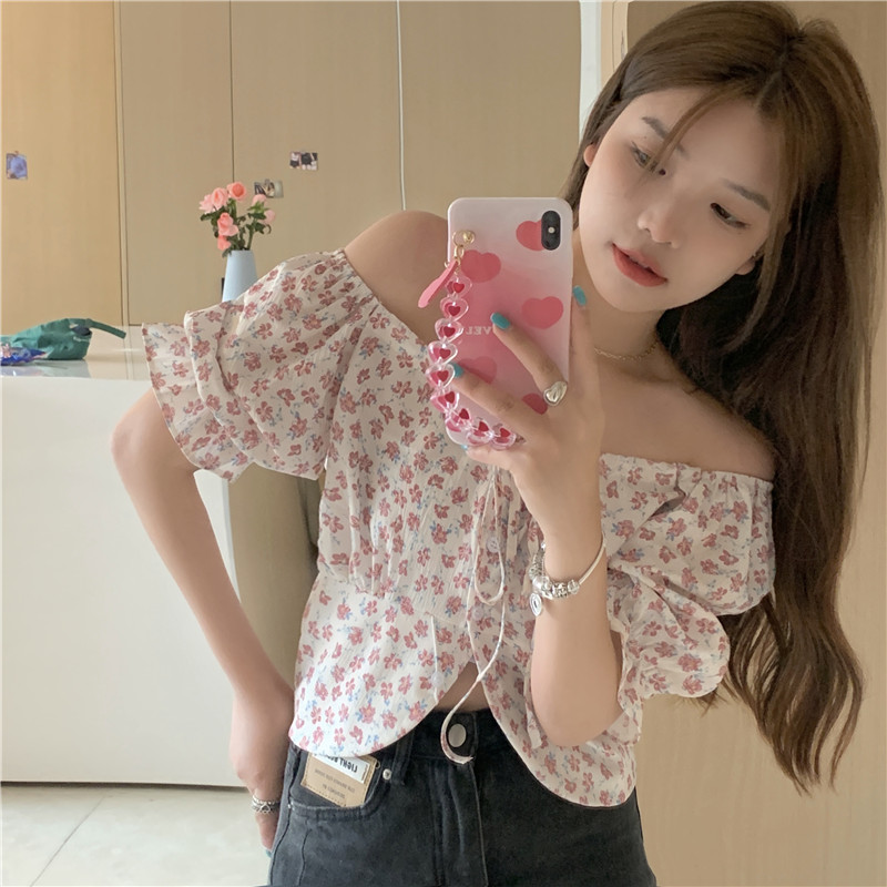 New French lace up one neck Floral Chiffon shirt