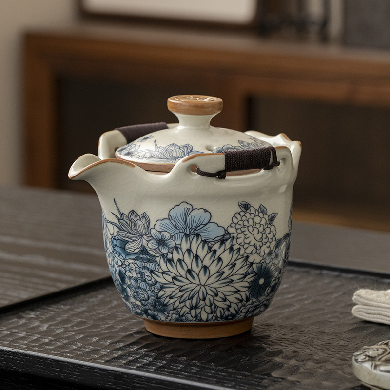 汝窑陶瓷泡茶壶中式高档轻奢手抓壶功夫泡茶具一人使用防烫手茶壶