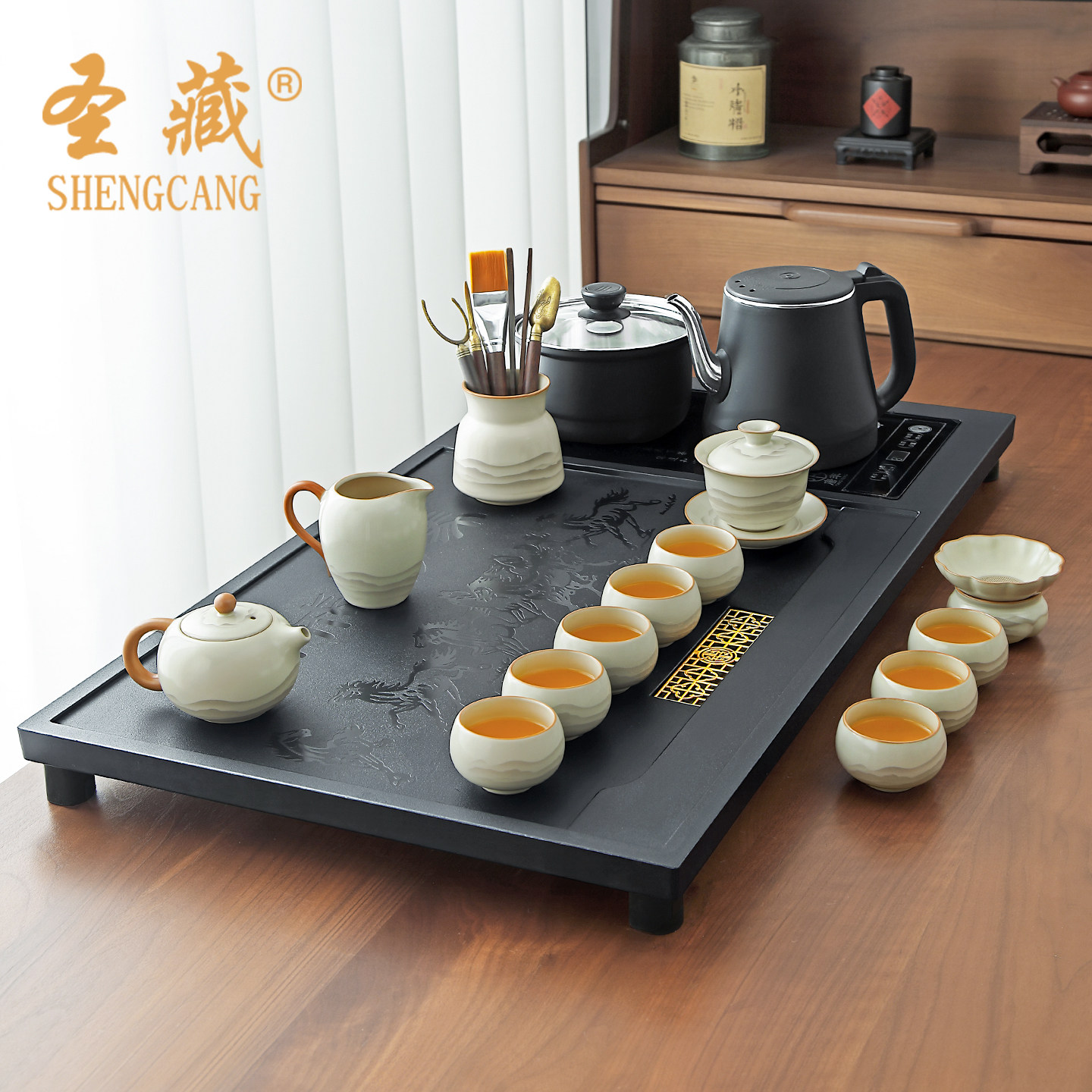 马到成功茶盘全自动烧水壶一体办公室茶具套组汝窑泡茶壶茶台一套