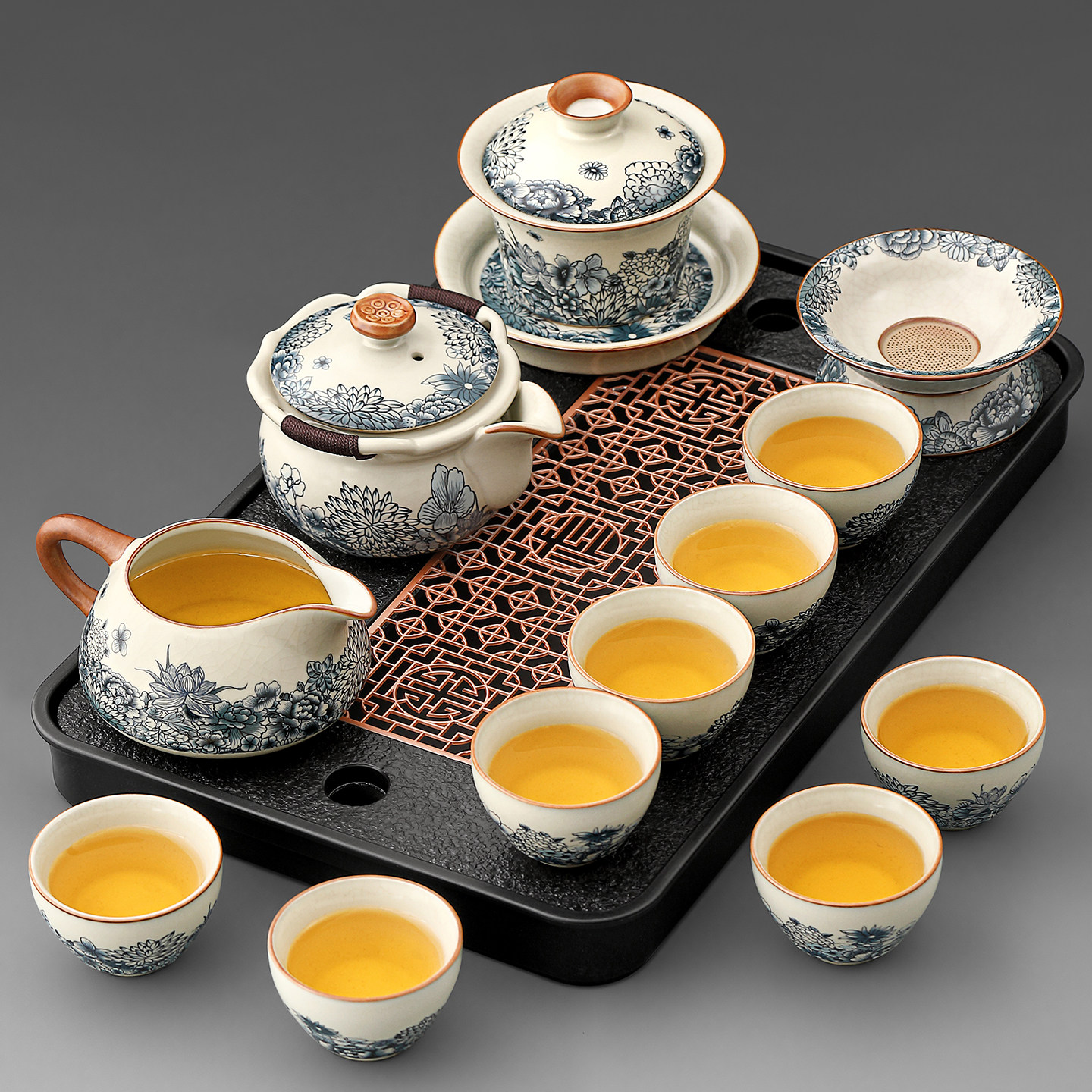 2025新款汝窑青花功夫茶具套组家用高档陶瓷泡茶壶茶杯茶盘一整套