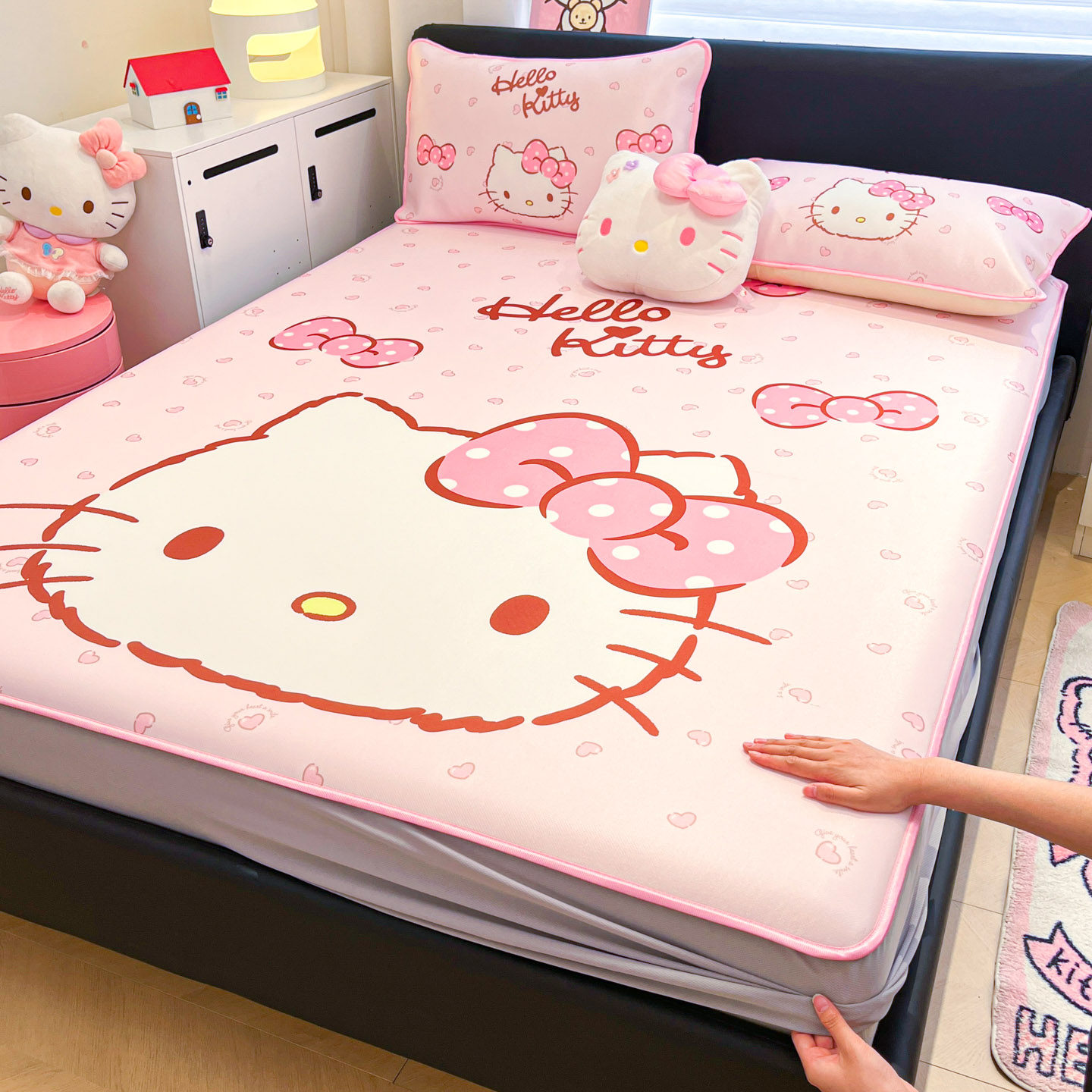 三丽鸥大版卡通床笠款冰丝凉席儿童可水洗机洗夏季冰丝床罩三件套