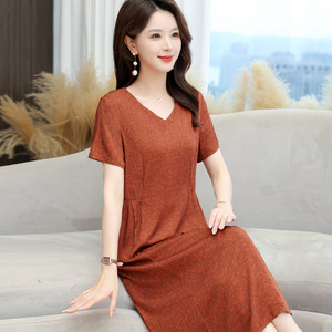 2026新款高端碎花妈妈气质贡缎棉绸连衣裙女夏季中老年外穿绵绸裙