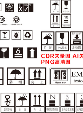 C17外包装箱三防小心易碎注意推放层向上怕湿安全标识标志矢量图