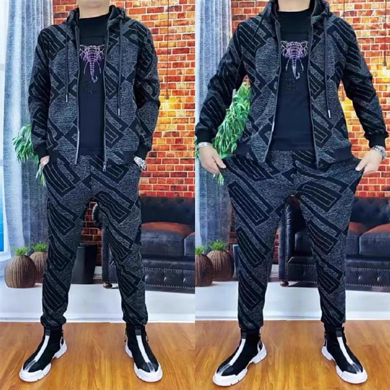 秋冬季新款长袖休闲运动大码套装时尚潮流男装精神气质修身两件套