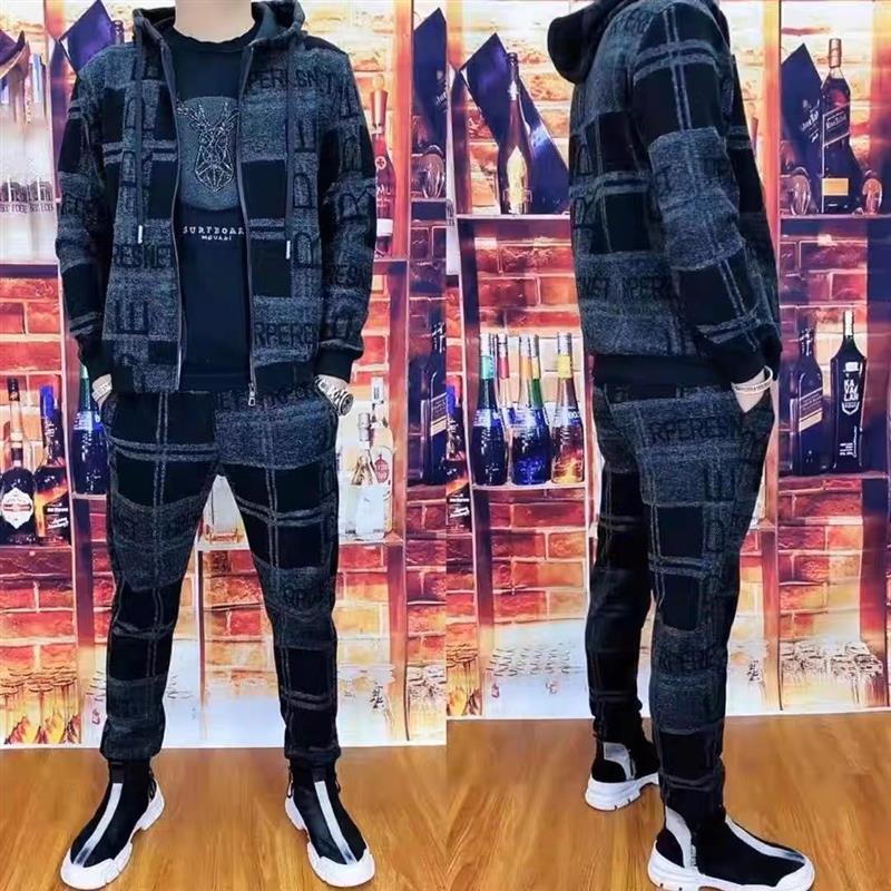 秋冬季新款男士休闲运动大码套装时尚潮流男装精神气质修身两件套