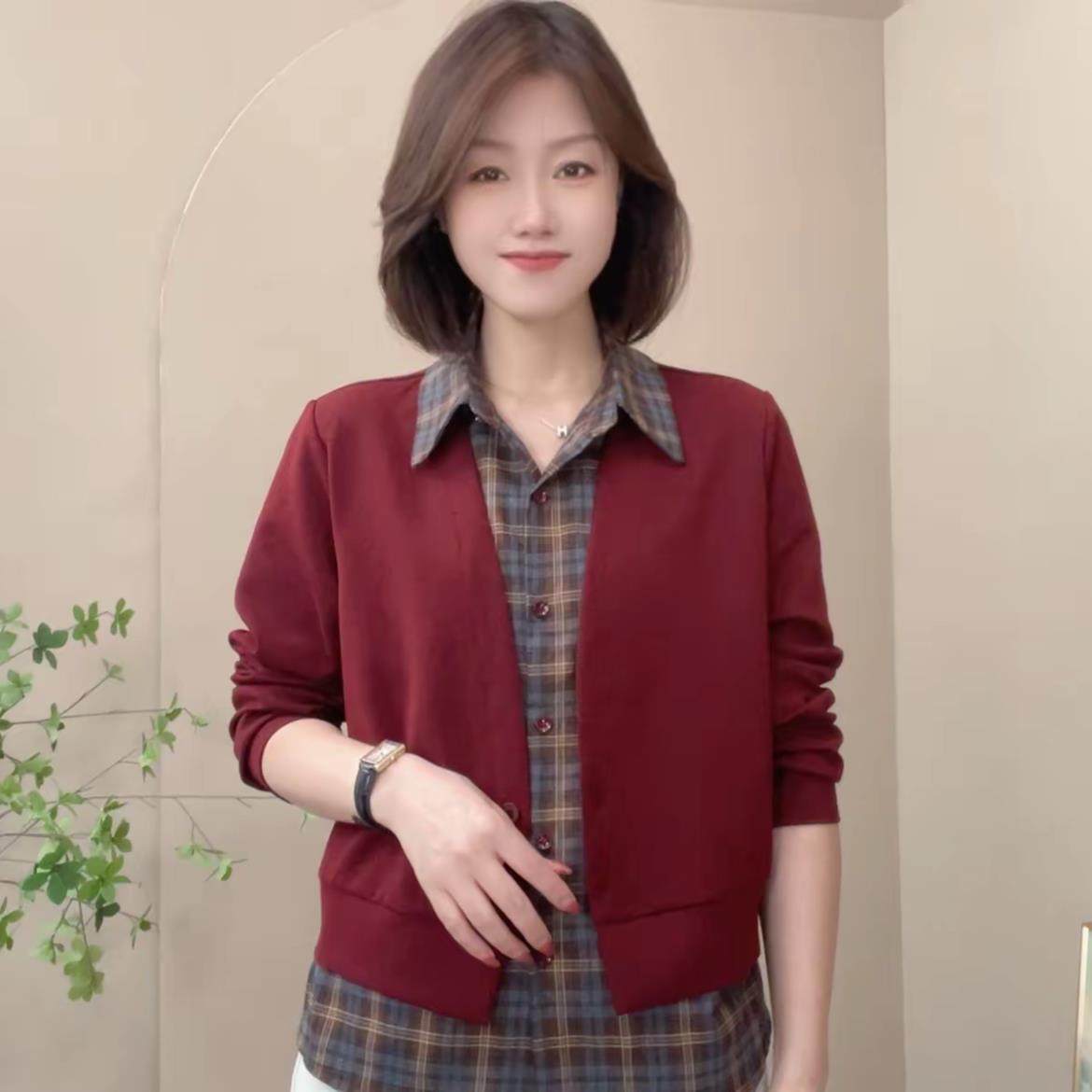 格子假两件长袖小衫女气质休闲百搭秋季新款I时尚显瘦女士打底衫