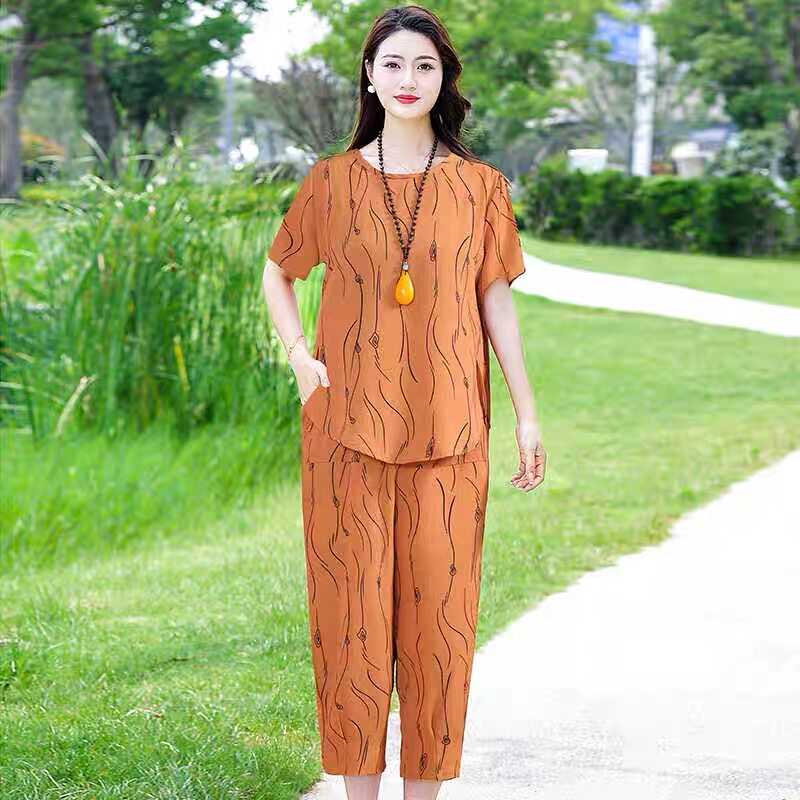 妈妈夏季时尚套装遮肉显瘦上衣中老年女装大码宽松气质短袖两件套